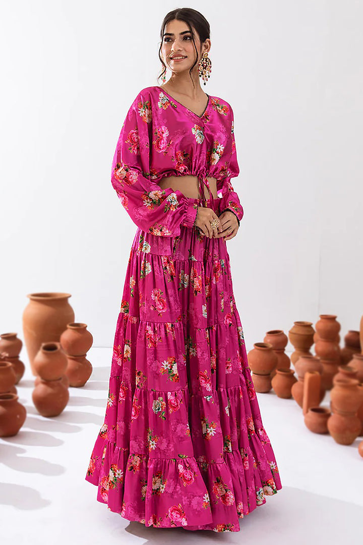 Rani Pink Lehenga Choli | Designer Floral Printed Lehenga for Women