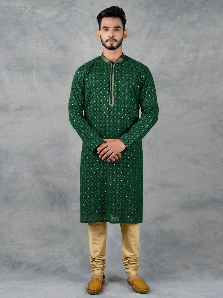 USA men’s wedding wear, green embroidered cotton kurta set.