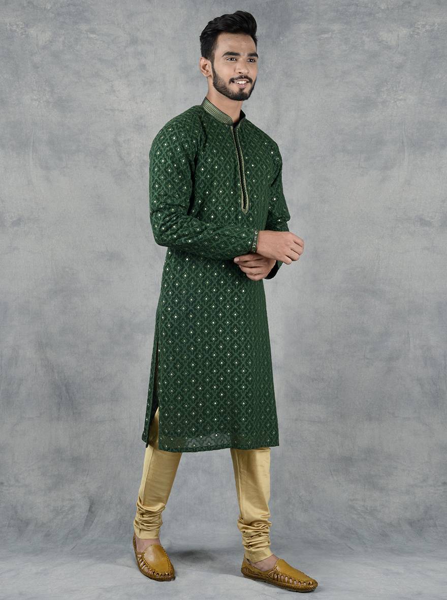 Elegant green cotton kurta pajama for USA men’s wedding events.