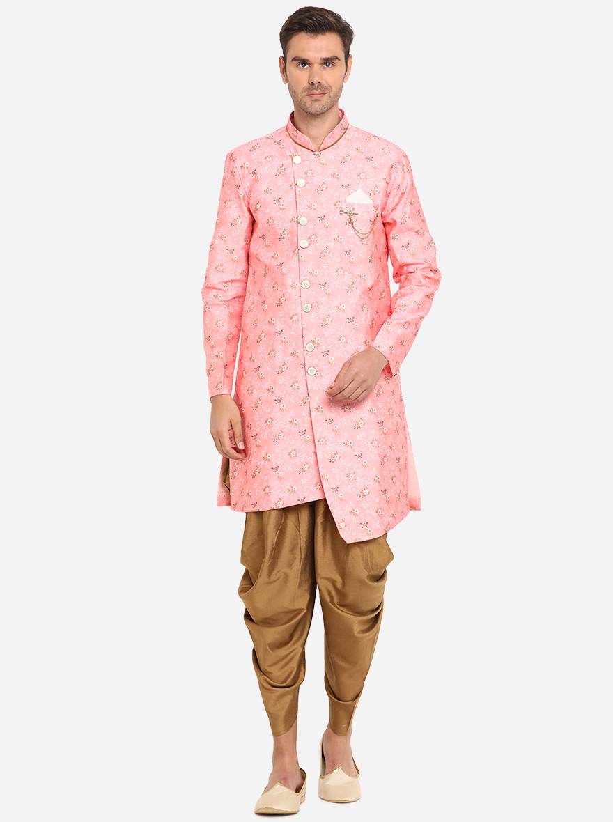 Pink Silk Indo Western outfit for men, featuring floral print sherwani and dhoti.