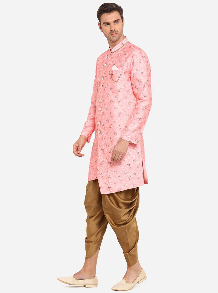 Elegant Pink Indo Western outfit for men with floral print sherwani and dhoti.