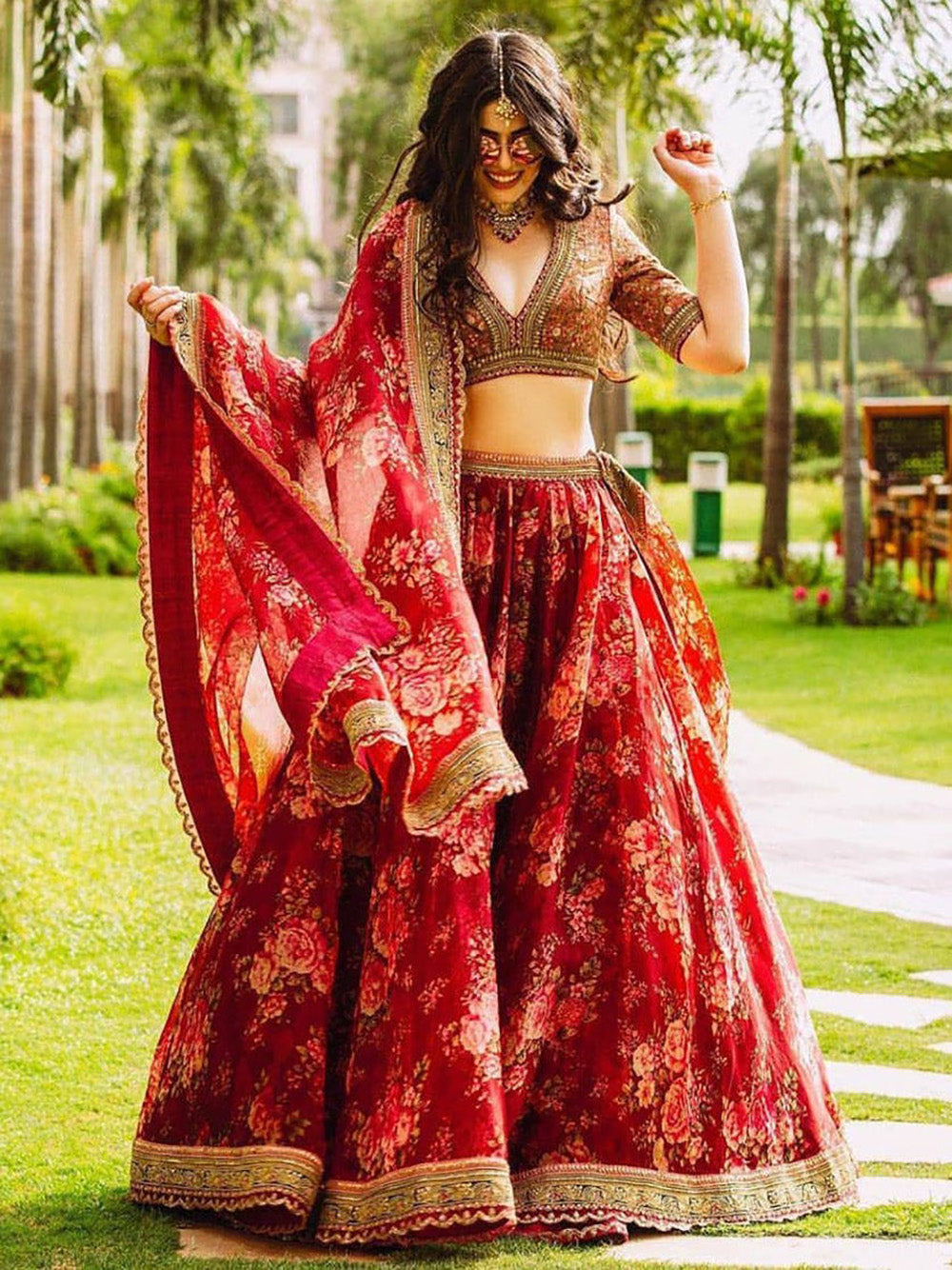 Designer Wedding Lehenga | Maroon Floral Organza & Velvet Lace