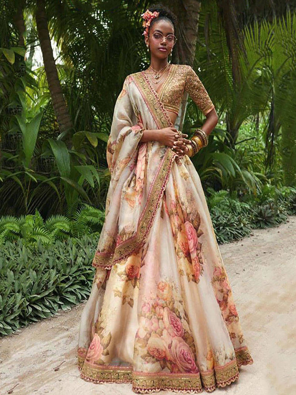 White & Peach Bridal Lehenga | Organza with Velvet Lace & Sequin