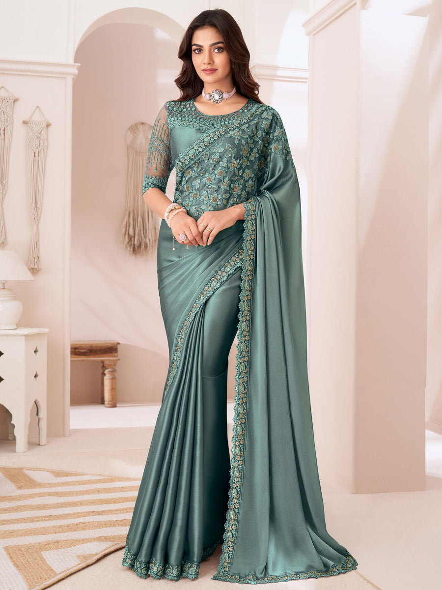 Green georgette saree crafted for elegance and style.