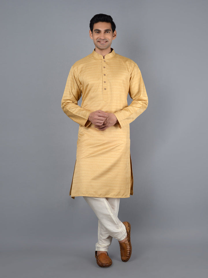 Timeless golden beige kurta set in silk blend, designed to radiate elegance for festive occasions in the USA.