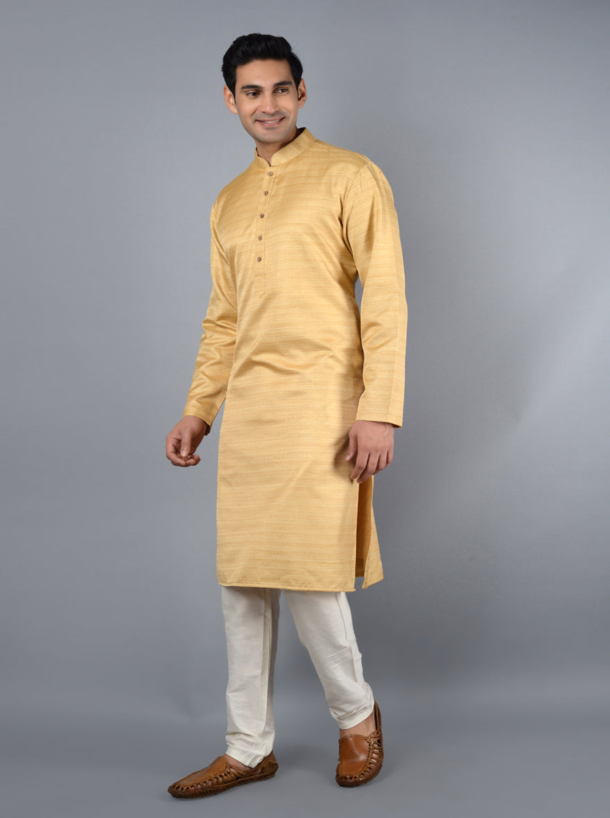 Stylish golden beige kurta set with a self-textured finish, designed for special events in the USA.