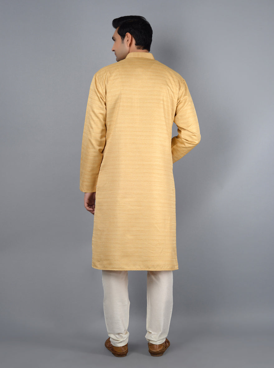 Chic golden beige kurta set made from silk blend, ideal for enhancing your festive wardrobe in the USA.