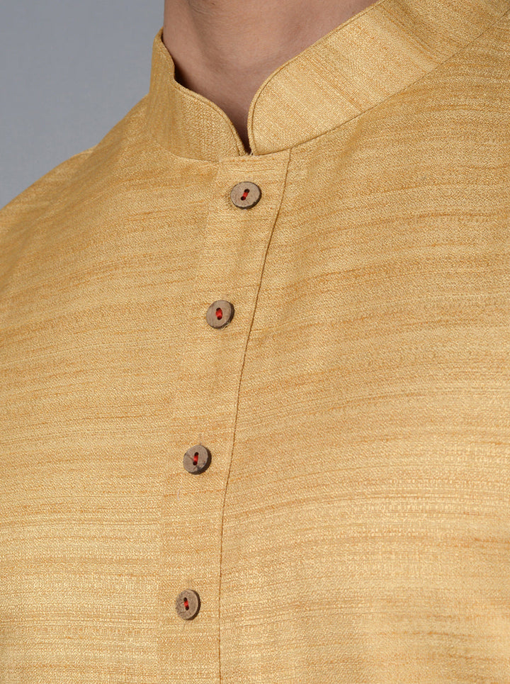 Unique golden beige kurta set featuring luxurious silk fabric, perfect for celebrations and gatherings in the USA.