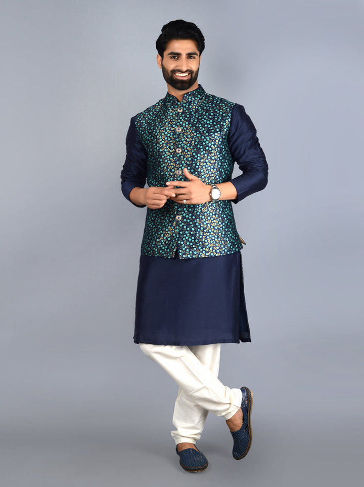 Unique blue and green Bandhgala jacket designed for weddings and celebrations, combining elegance with comfort.