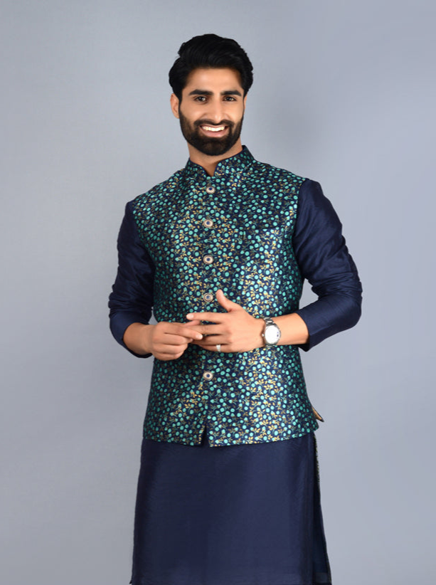 Timeless Blue & Green Bandhgala Jacket | Ideal for Weddings & Celebrations