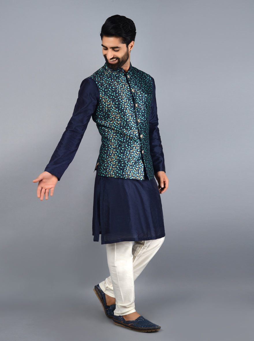 Classic blue & green Bandhgala jacket made from silk jacquard, ideal for making a statement at special events.