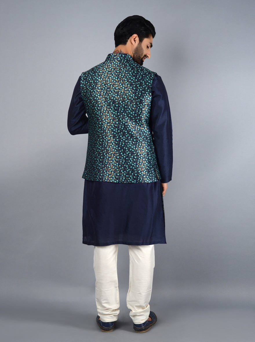 Sophisticated blue and green Bandhgala jacket, perfect for adding luxury to your attire at weddings and parties.