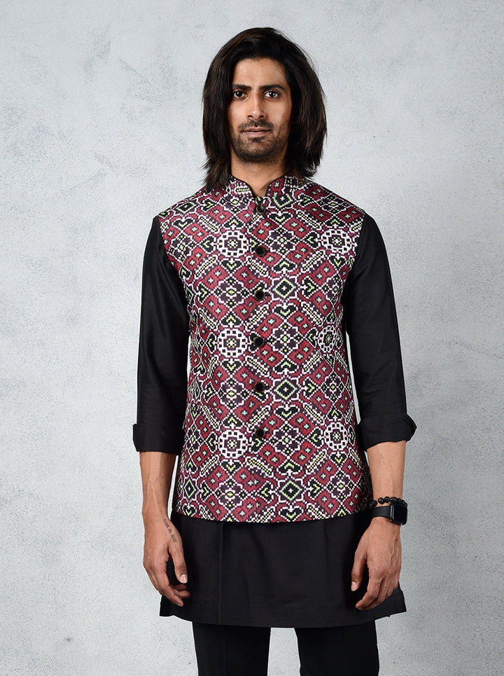 Elevate your ethnic style with Patola Print Bandhgala jacket in rich wine color, ideal for any occasion.