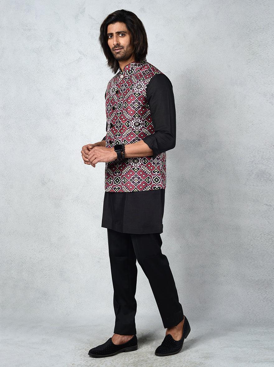 Black & Wine Patola Print Bandhgala | Trendy Designer Jacket for Men