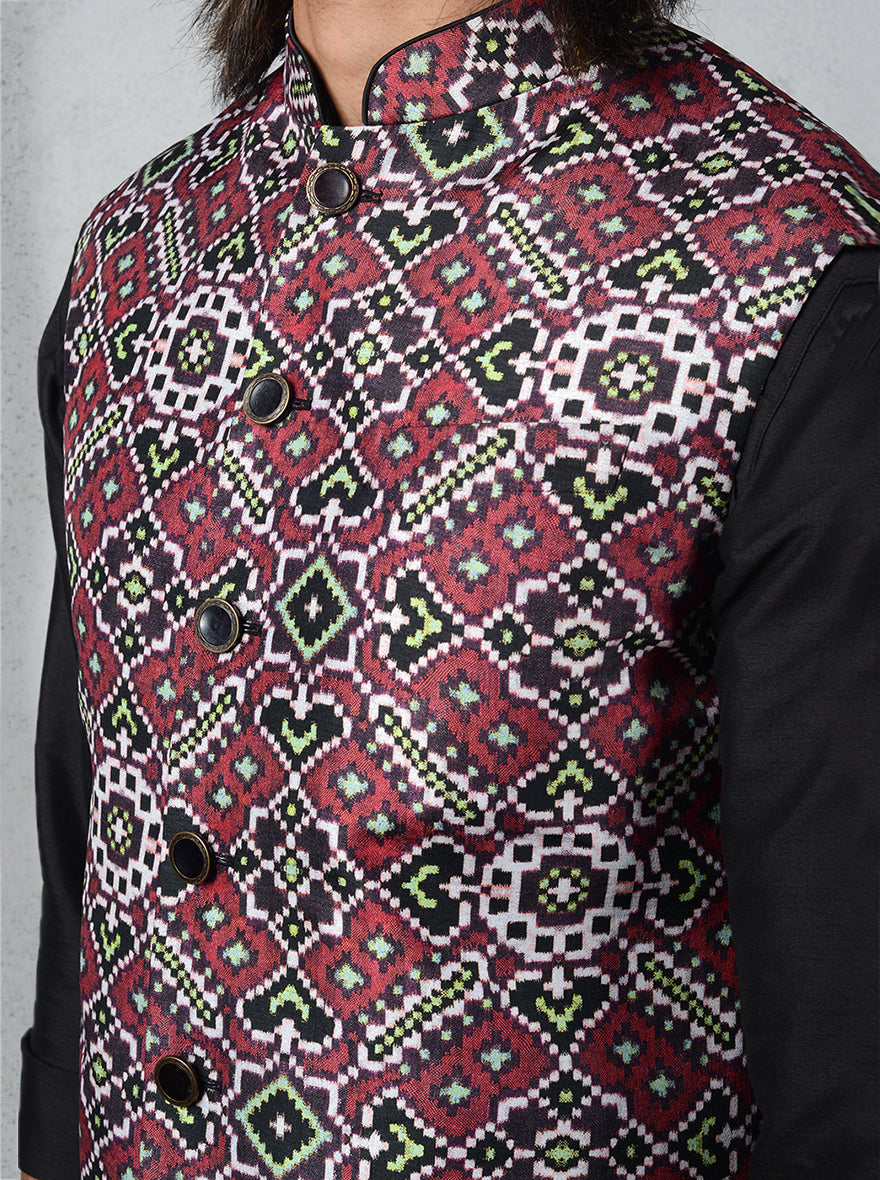 Black & Wine Patola Print Bandhgala | Trendy Designer Jacket for Men