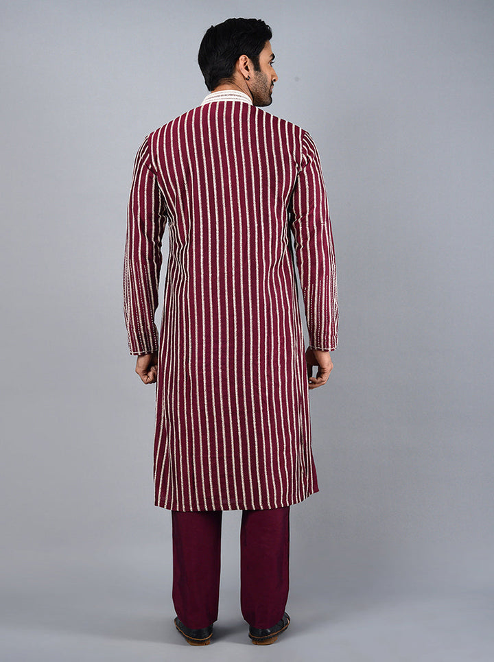 Elevate your style with this chic Wine & Cream Kurta Set for men.