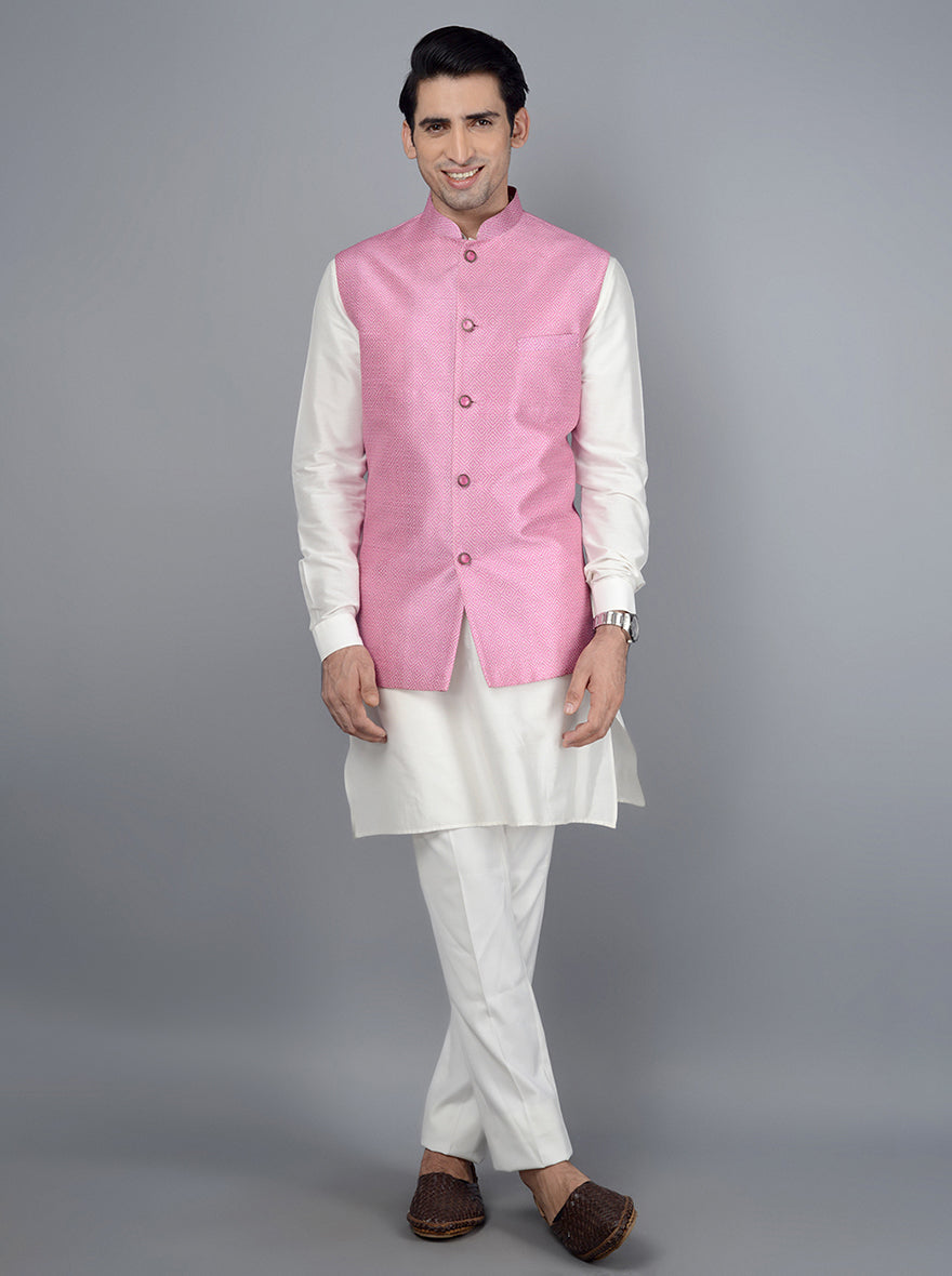 Vibrant pink Bandhgala jacket offering sleek design and tailored fit, perfect for weddings and celebrations.