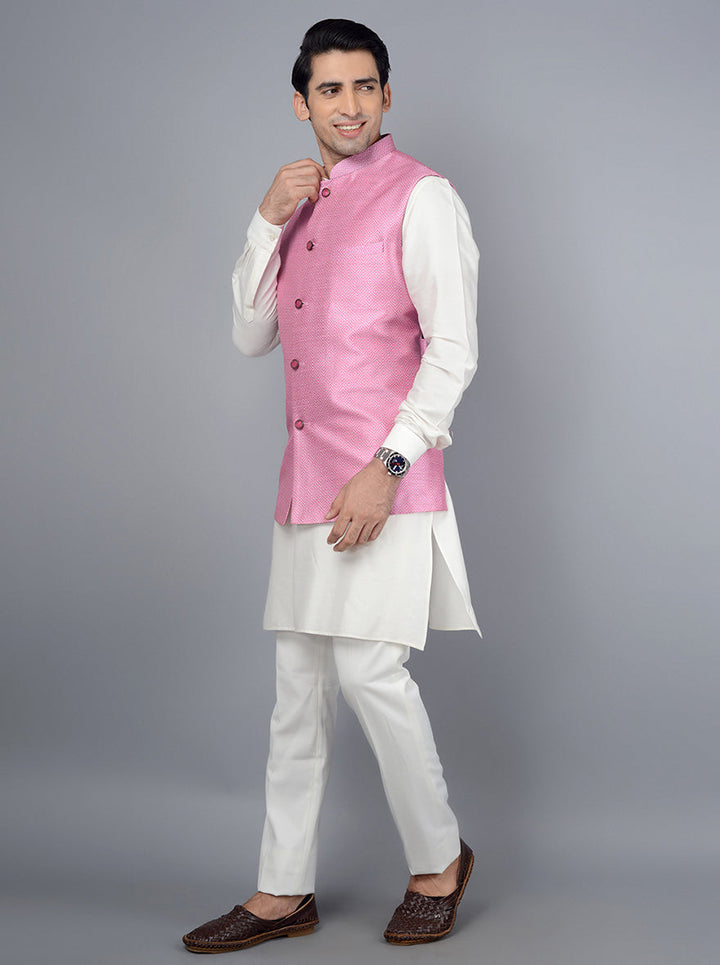 Sophisticated pink Bandhgala jacket made from silk blend, ideal for making a statement at formal events.