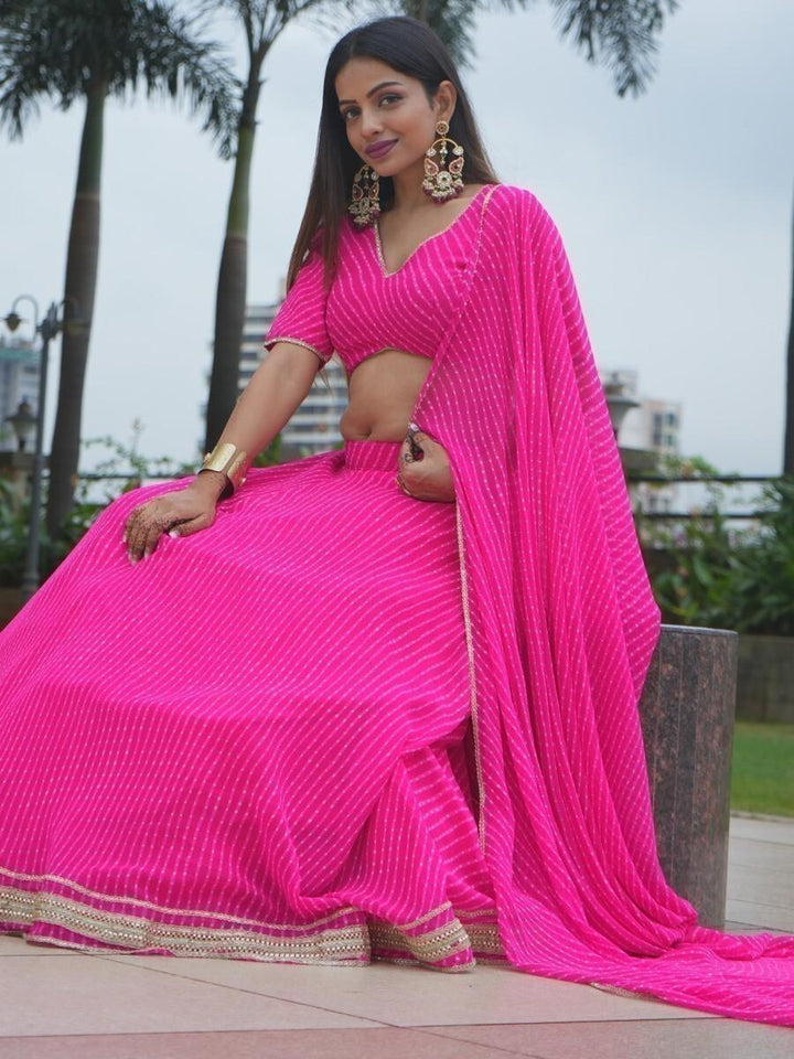 Chic Pink Lahariya Print Georgette Lehenga | Gotta Patti Lace Detailing