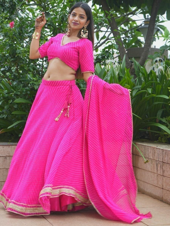 Chic Pink Lahariya Print Georgette Lehenga | Gotta Patti Lace Detailing