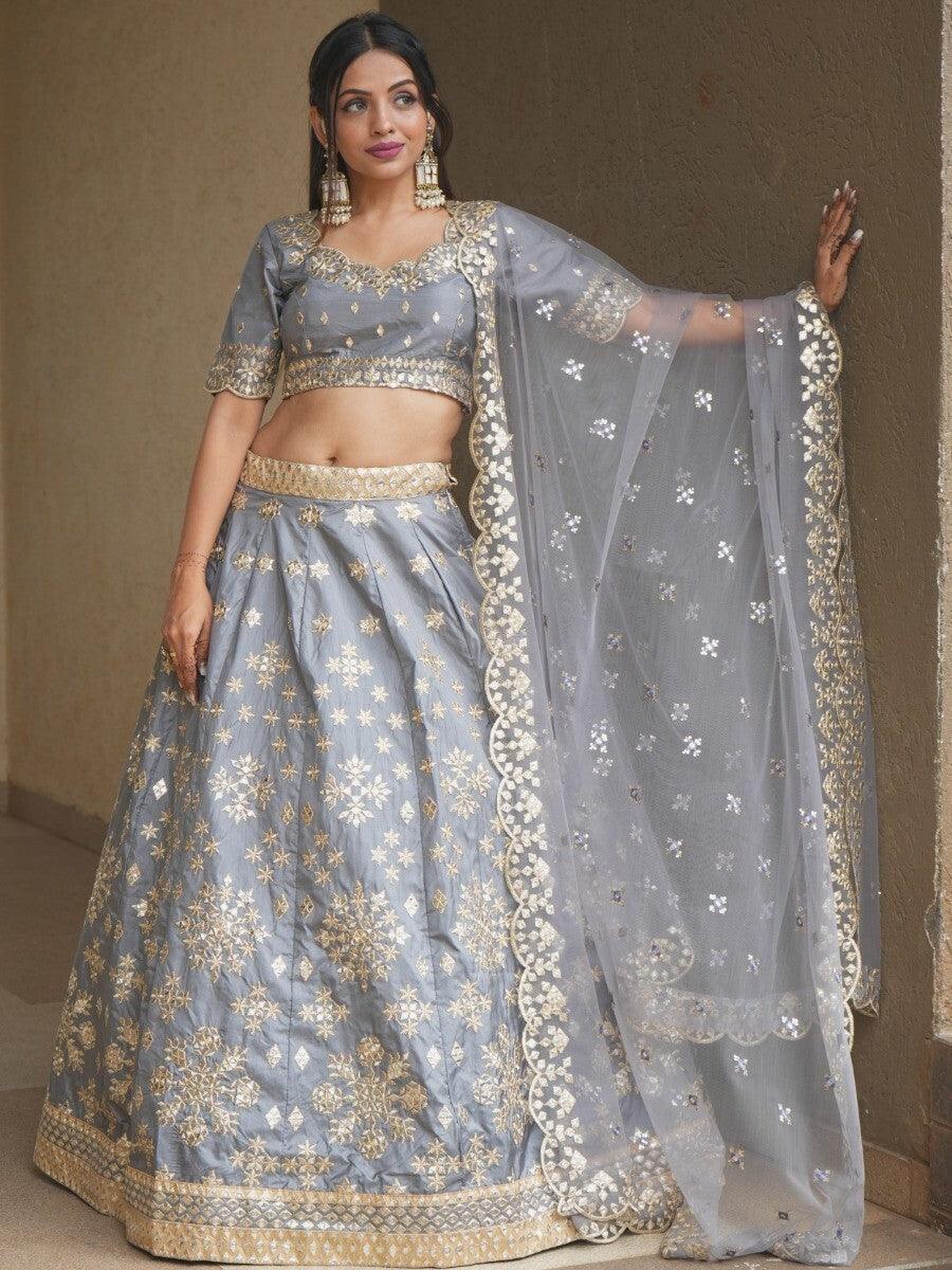 Premium Grey Silk Lehenga Choli with Dupatta | Paper Mirror & Sequin Work