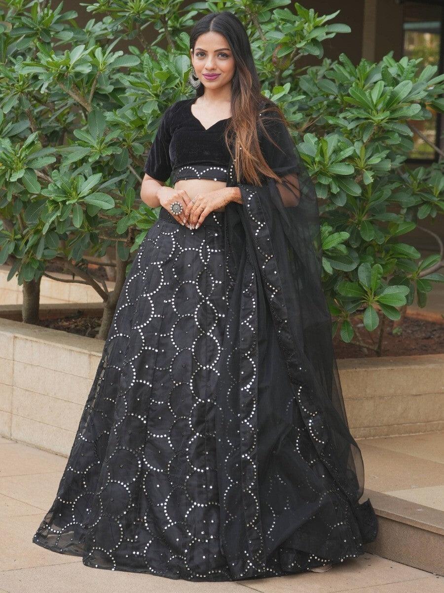 Chic Black Organza Lehenga Choli | Paper Mirror & Threadwork | Customizable