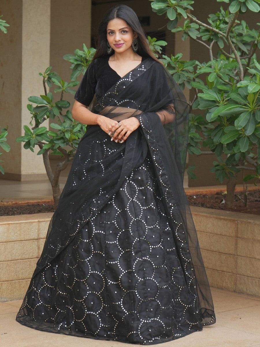 Chic Black Organza Lehenga Choli | Paper Mirror & Threadwork | Customizable