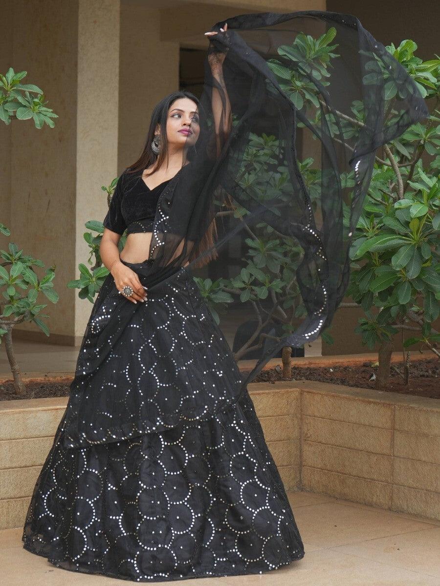 Chic Black Organza Lehenga Choli | Paper Mirror & Threadwork | Customizable