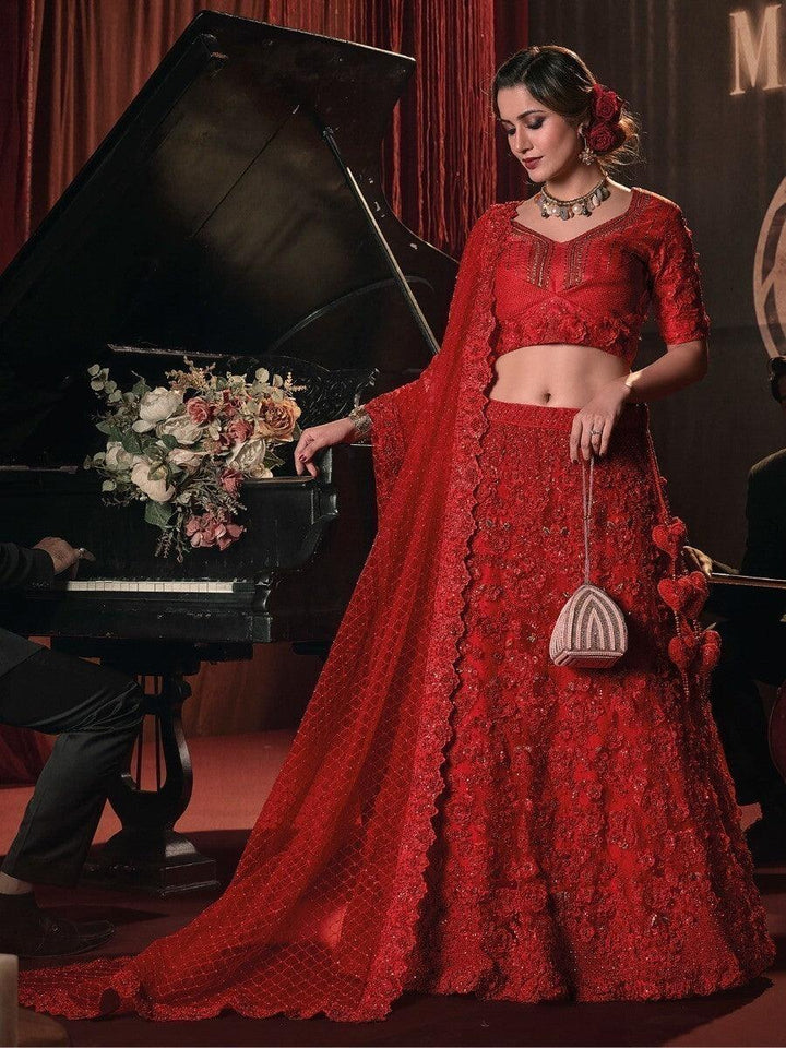 Red Flower Applique Lehenga Choli | Wedding Wear with Intricate Details