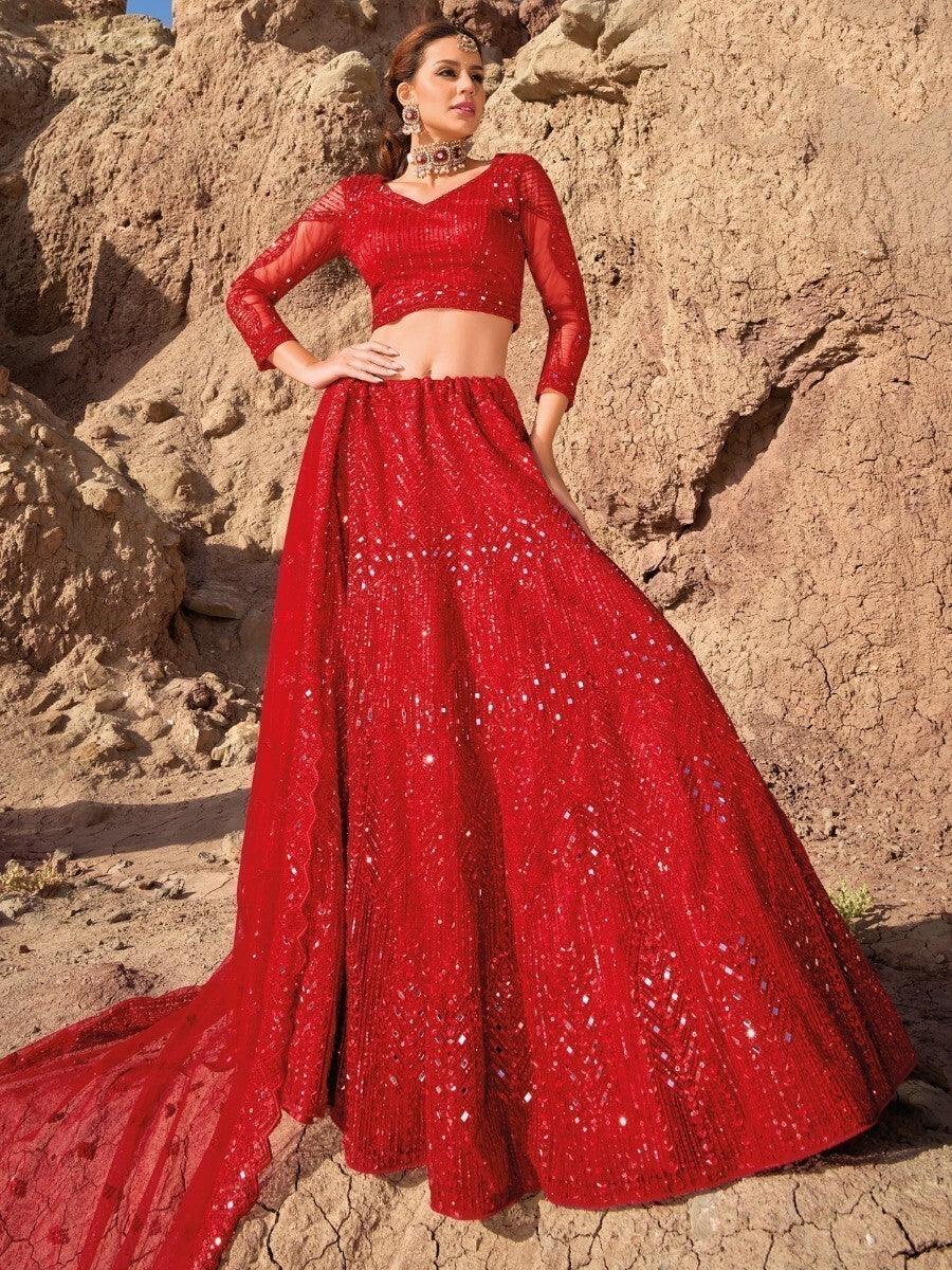 Traditional Red Mirror Work Lehenga Choli | Sequins, Zarkan & Net Fabric