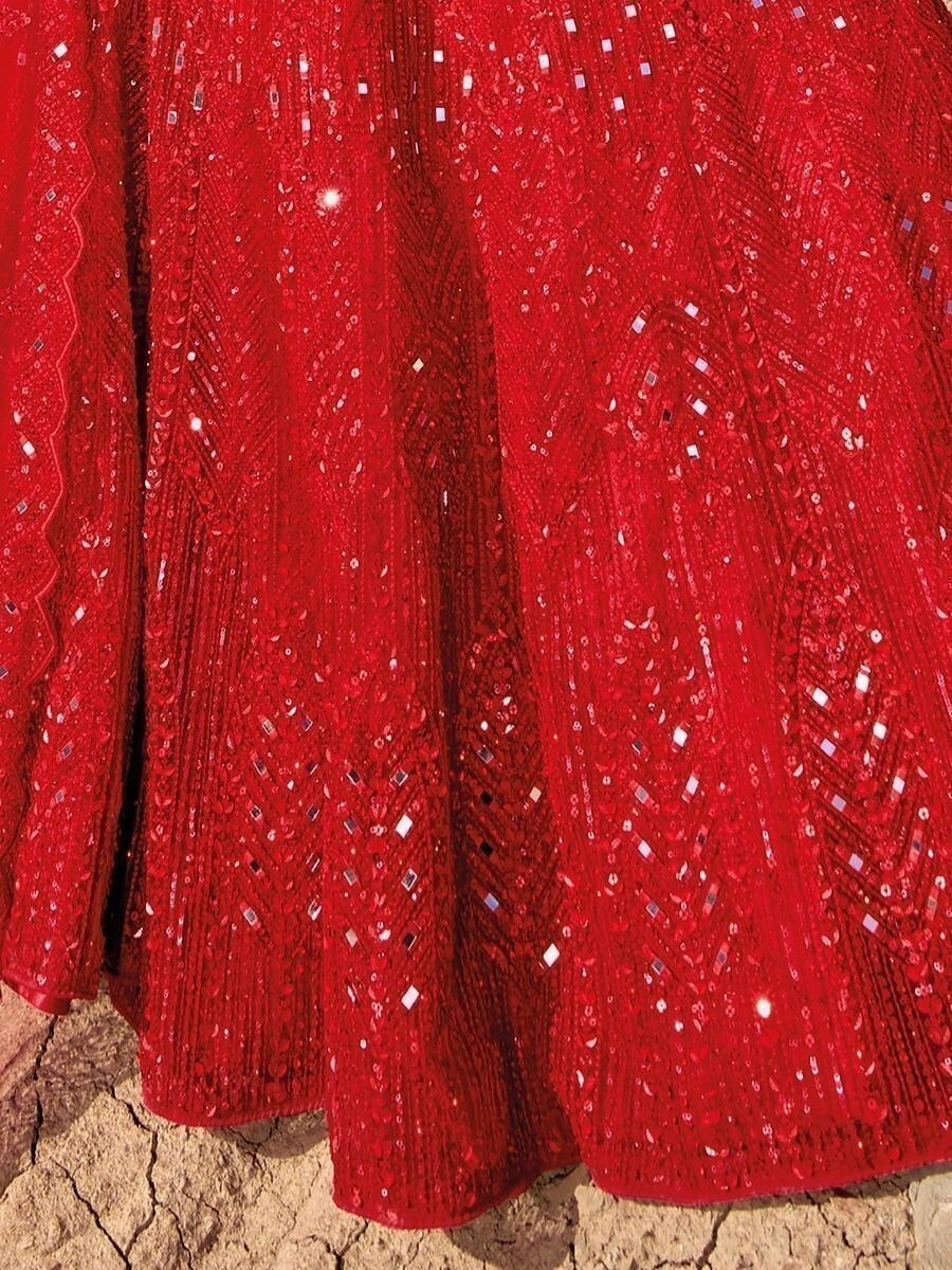 Traditional Red Mirror Work Lehenga Choli | Sequins, Zarkan & Net Fabric