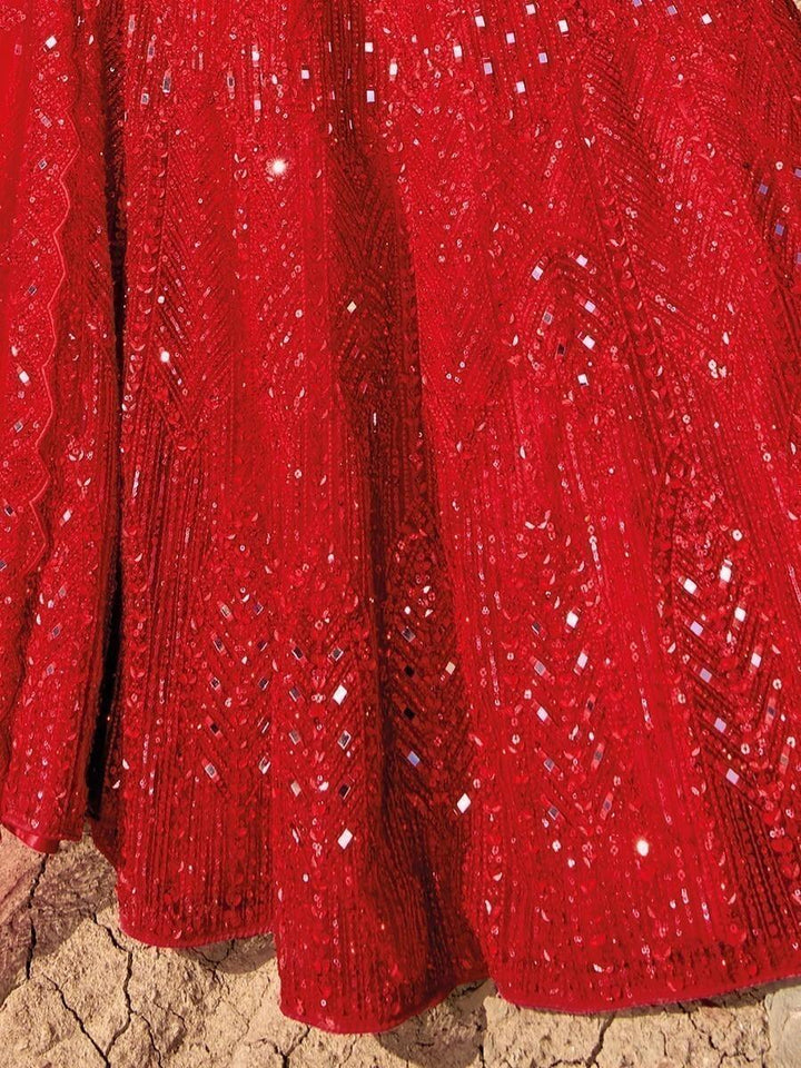 Traditional Red Mirror Work Lehenga Choli | Sequins, Zarkan & Net Fabric