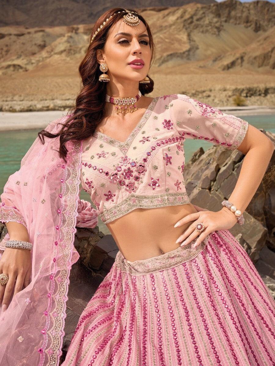 Beautiful Pink Georgette Lehenga Choli Set | Threadwork & Zarkan Embellishments