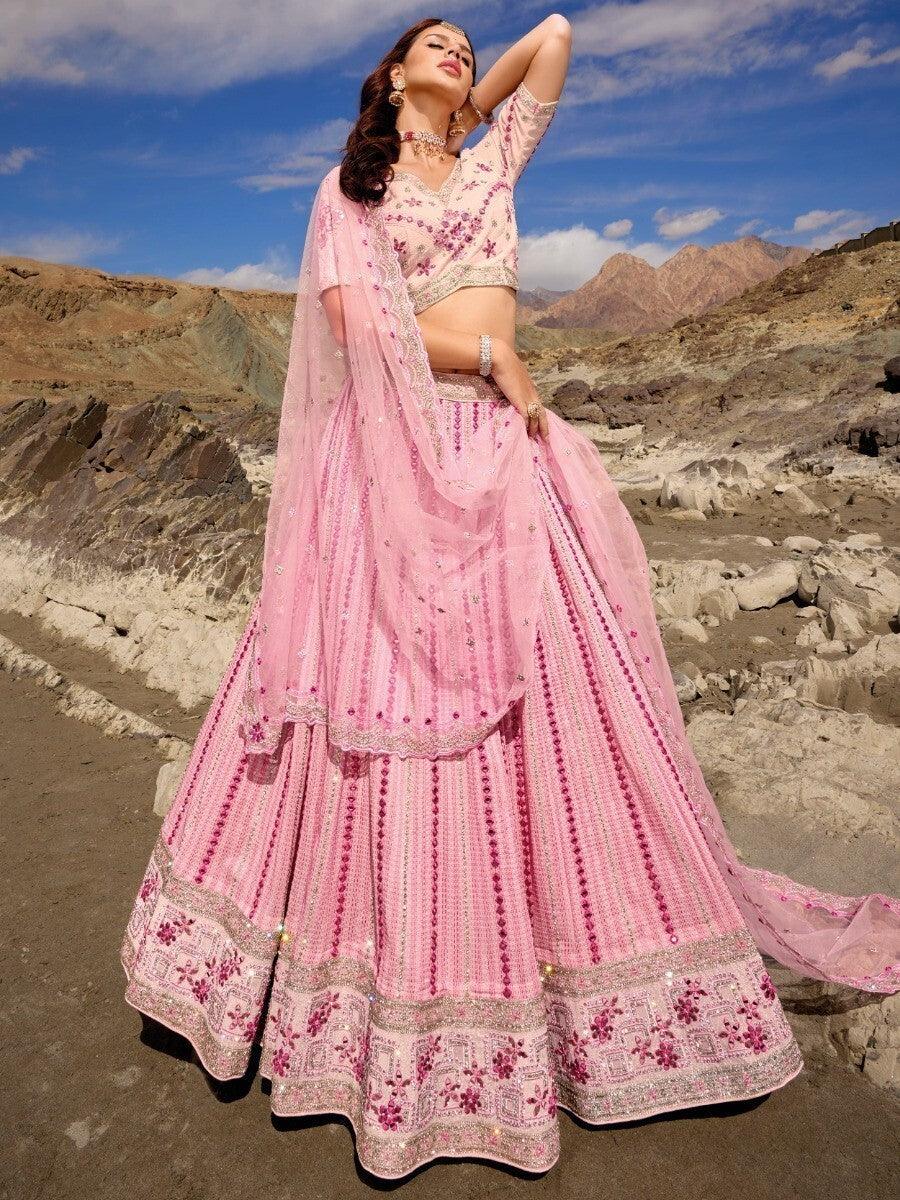 Beautiful Pink Georgette Lehenga Choli Set | Threadwork & Zarkan Embellishments