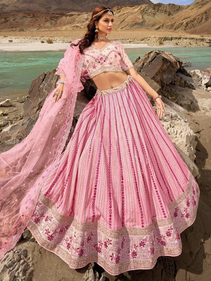 Beautiful Pink Georgette Lehenga Choli Set | Threadwork & Zarkan Embellishments