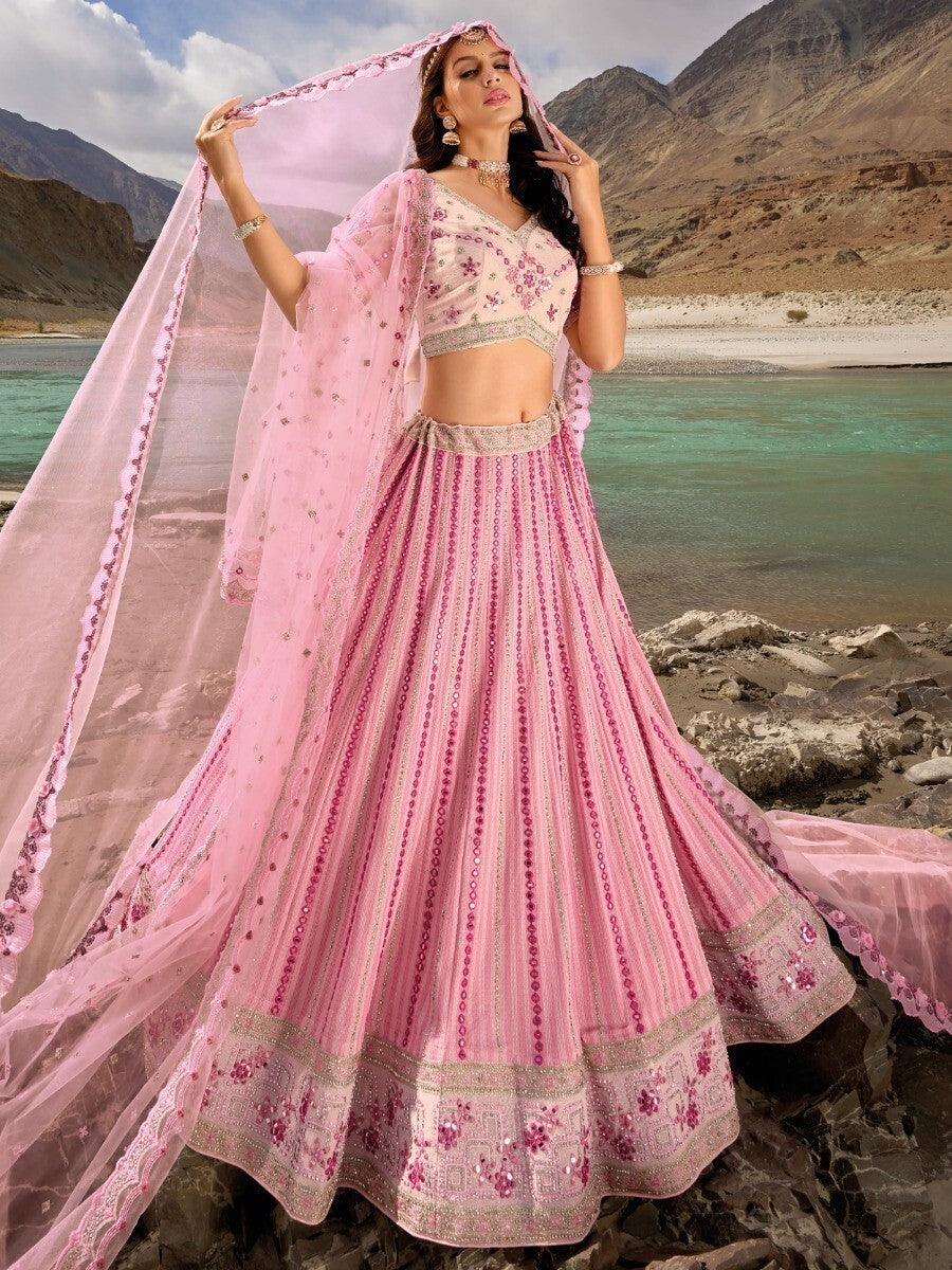 Beautiful Pink Georgette Lehenga Choli Set | Threadwork & Zarkan Embellishments