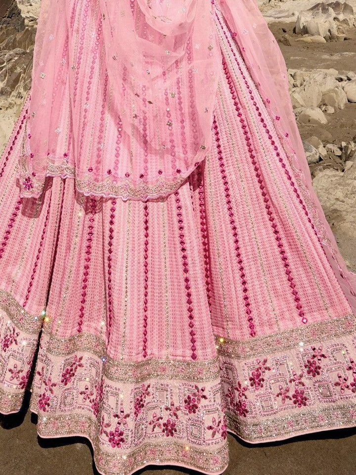 Beautiful Pink Georgette Lehenga Choli Set | Threadwork & Zarkan Embellishments