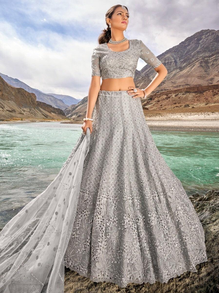 Indian Bridal Lehenga | Grey Lehenga with Intricate Thread Work