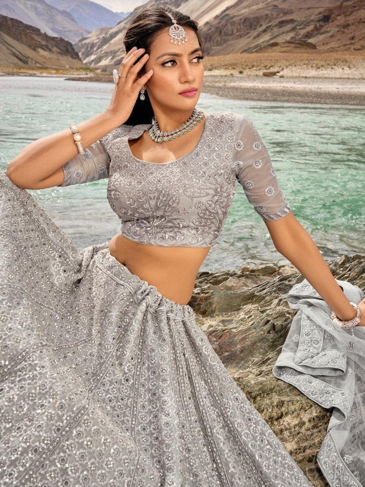 Indian Bridal Lehenga | Grey Lehenga with Intricate Thread Work