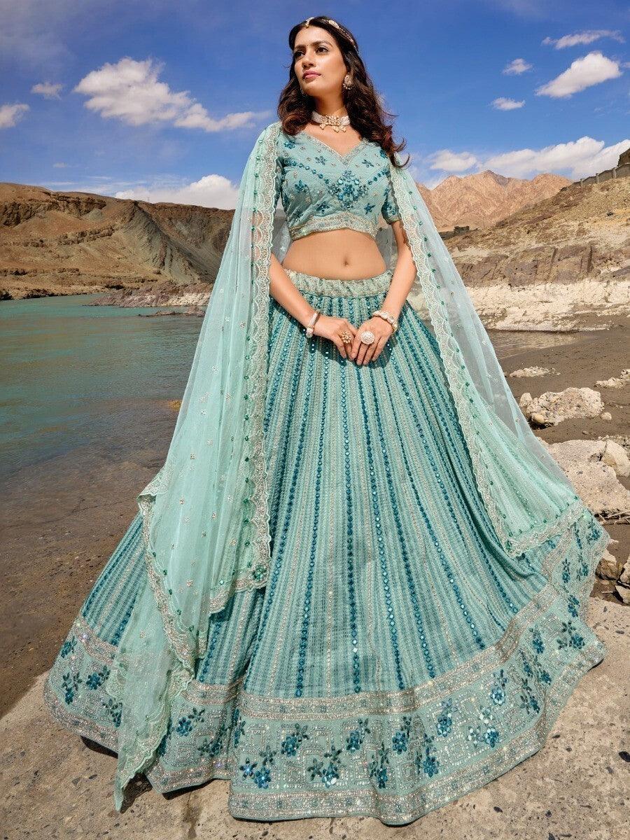 Designer Sky Blue Georgette Lehenga | Thread Work and Mirror Work Choli