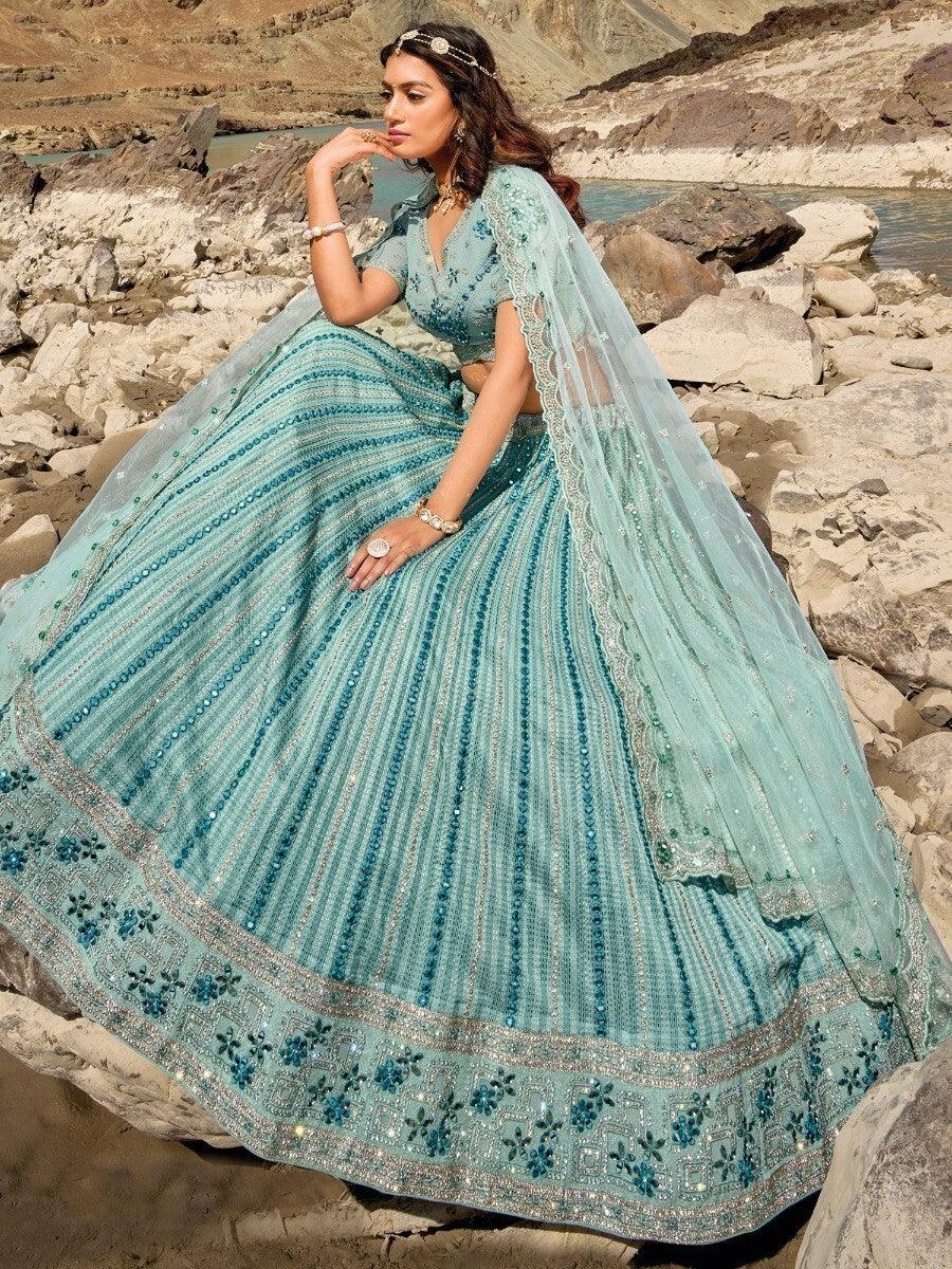 Designer Sky Blue Georgette Lehenga | Thread Work and Mirror Work Choli