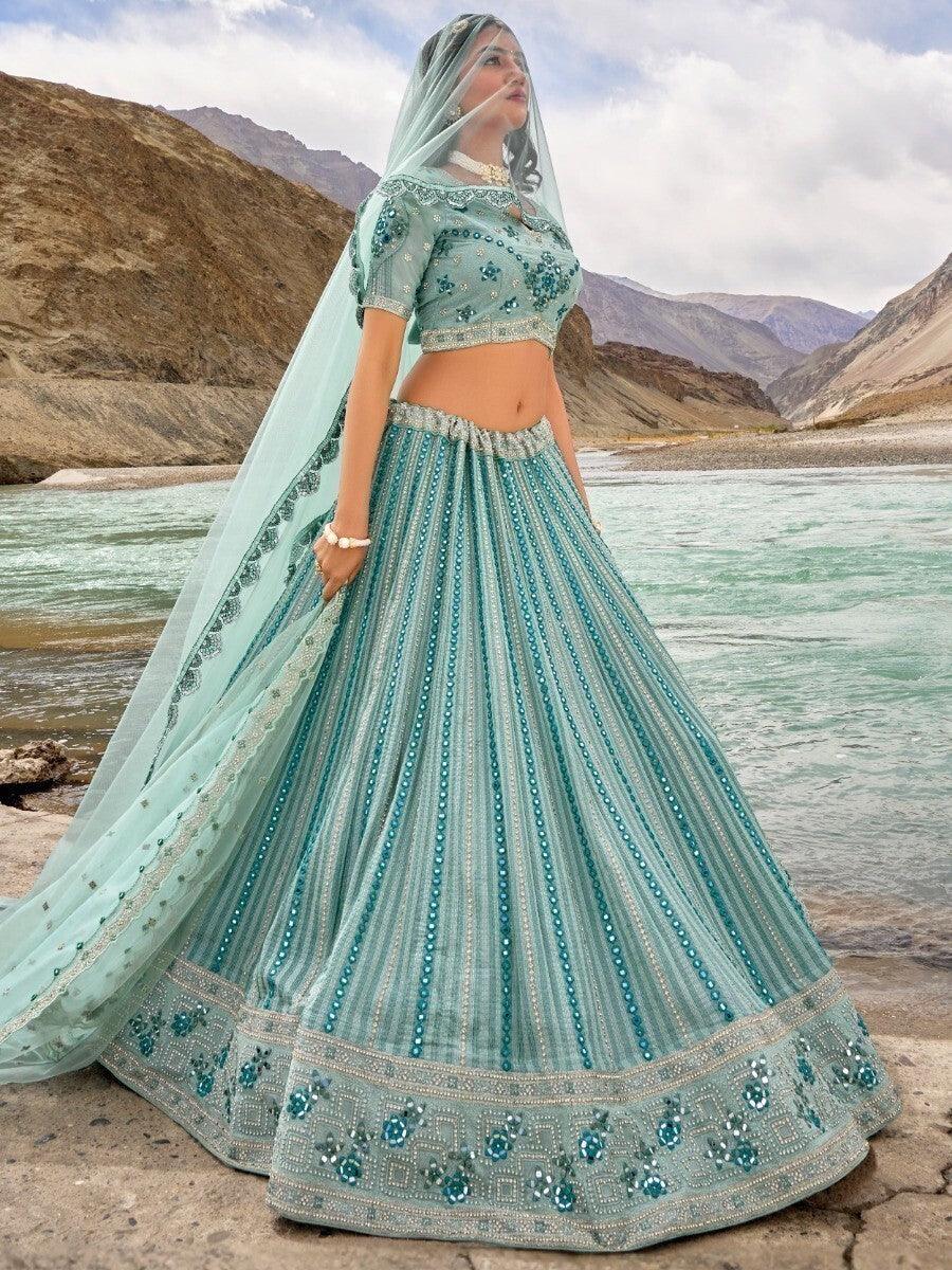 Designer Sky Blue Georgette Lehenga | Thread Work and Mirror Work Choli