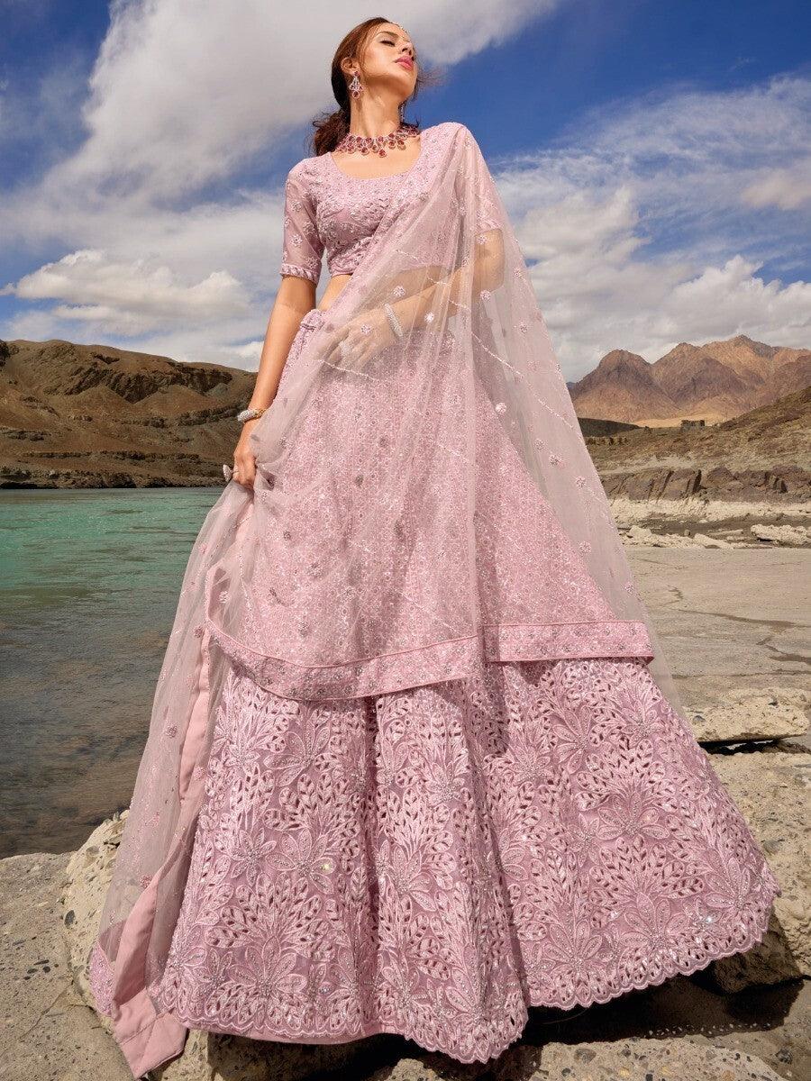 Stunning Pink Lehenga Choli | Organza Bridal Wear with Mirror Work