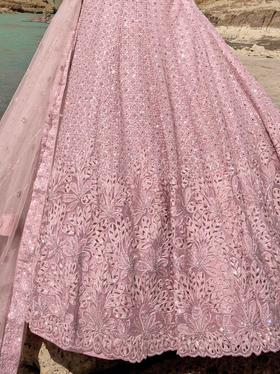 Stunning Pink Lehenga Choli | Organza Bridal Wear with Mirror Work