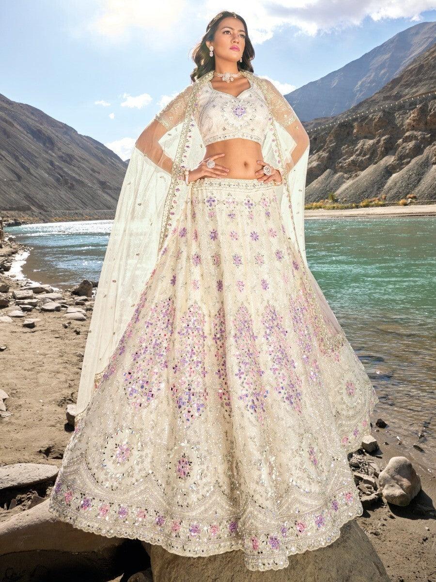 Cream Lehenga Choli Set | Bridal Wear with Sequins & Zarkan Work