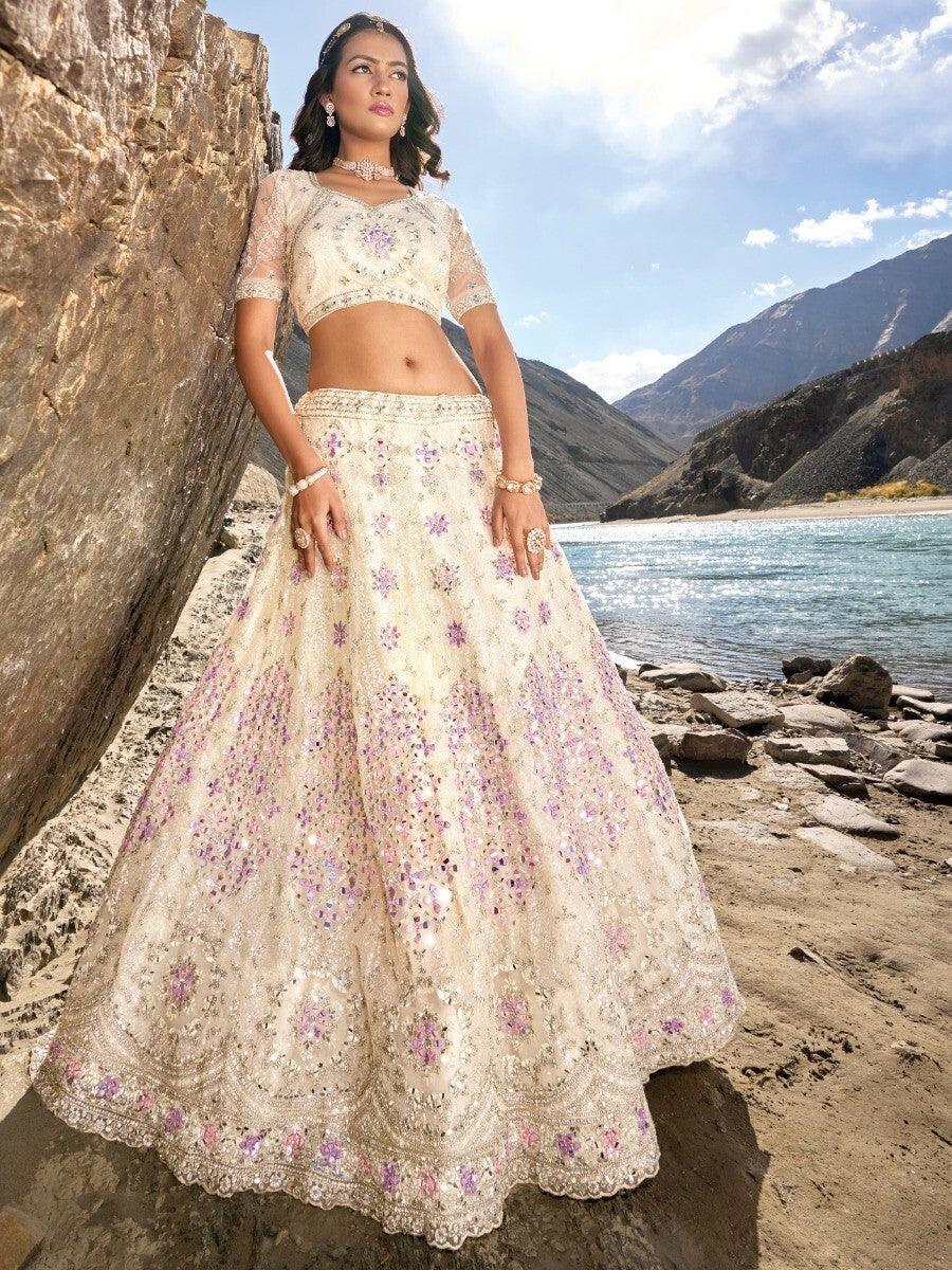 Cream Lehenga Choli Set | Bridal Wear with Sequins & Zarkan Work