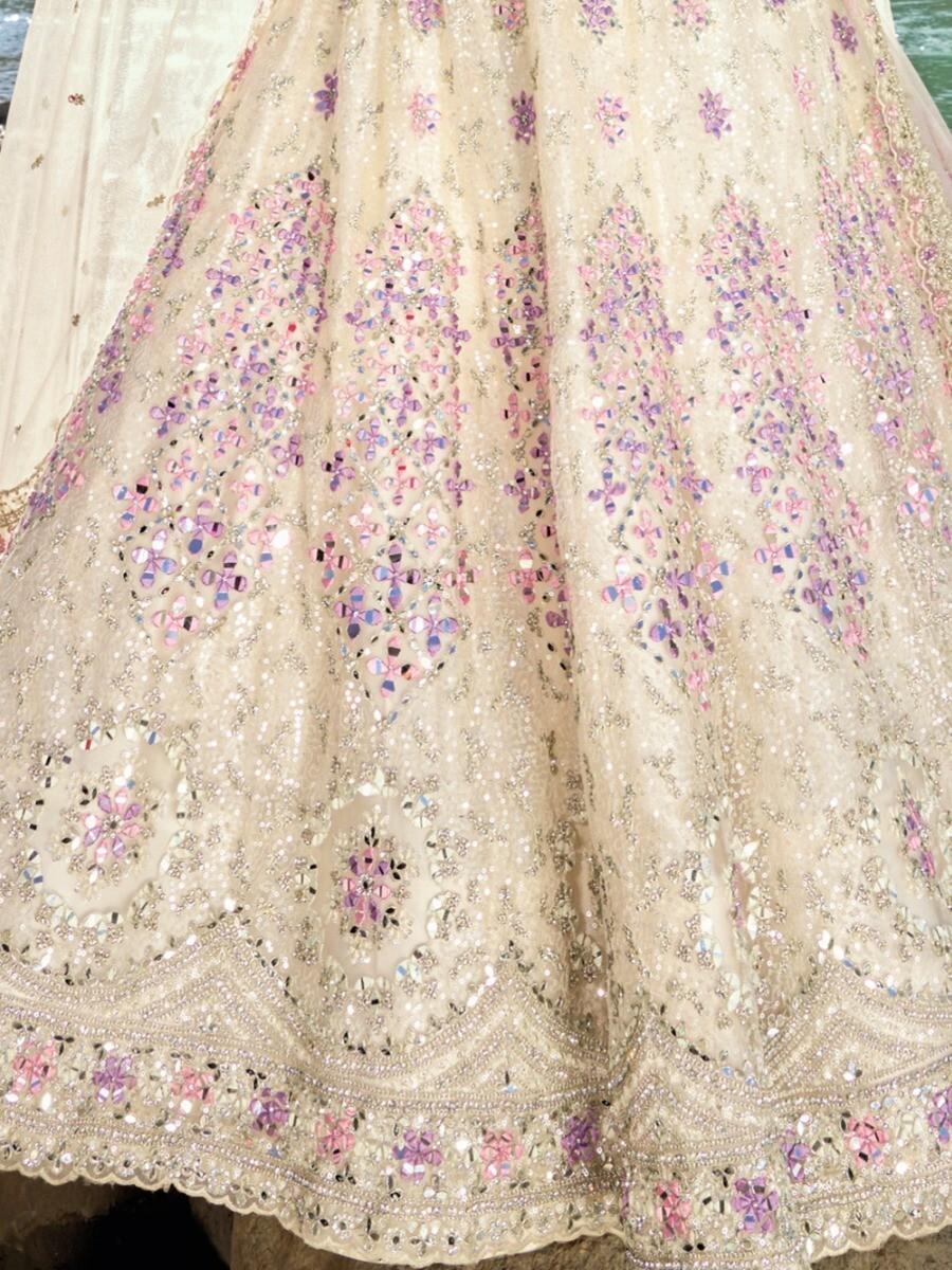 Cream Lehenga Choli Set | Bridal Wear with Sequins & Zarkan Work