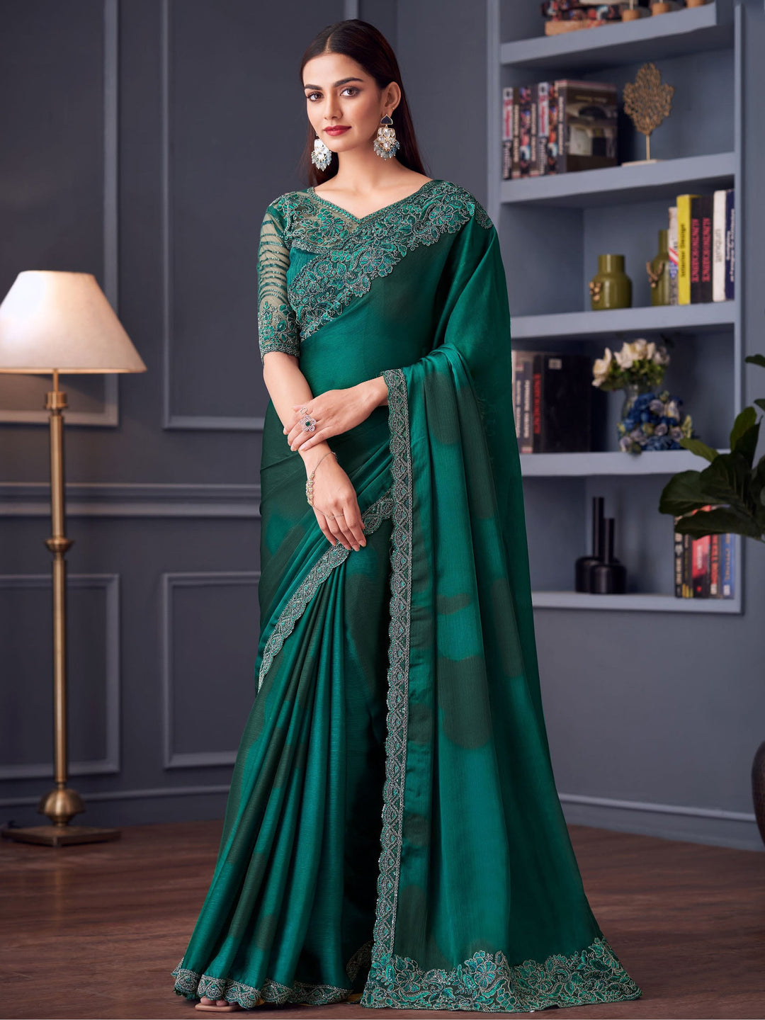 Green chiffon saree crafted for elegance and style.