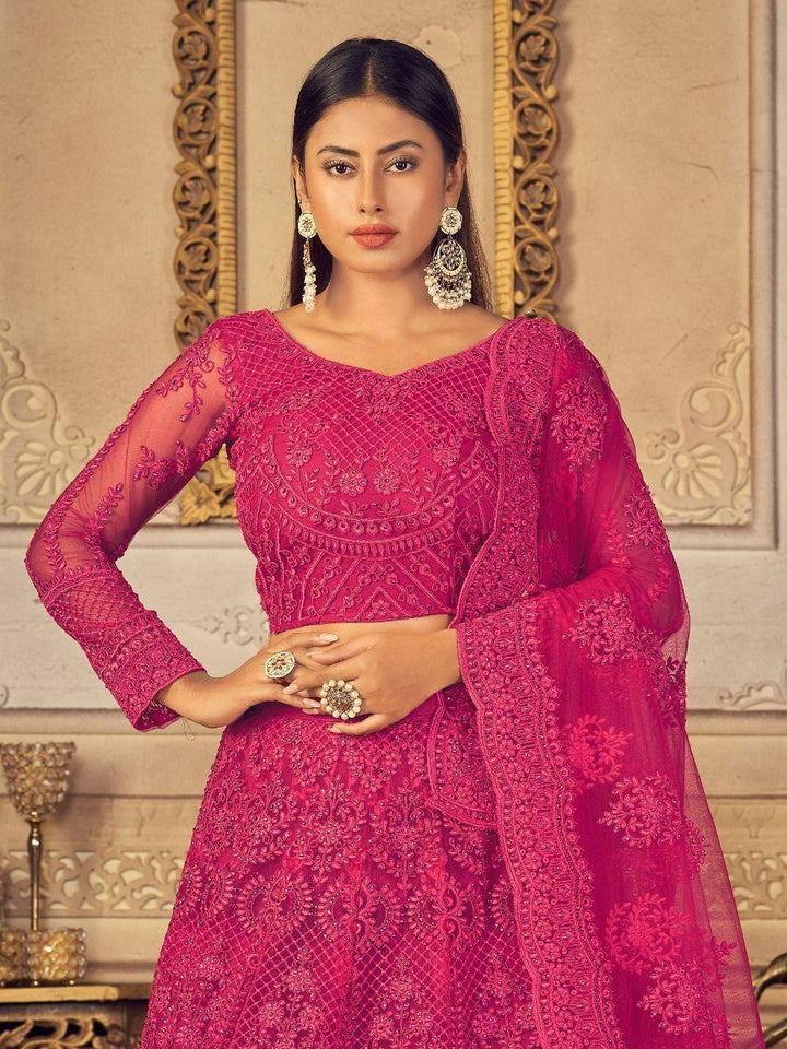 Mesmerizing Pink Embroidered Net Bridesmaid Lehenga Choli | Stone & Thread Work