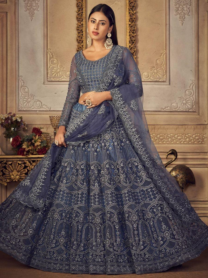 Gorgeous Blue Embroidered Net Lehenga Choli | Reception Wear with Stonework